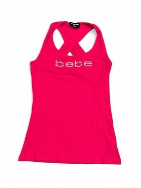 bebe Fuchsia Crystal Logo Ribbed Tank
